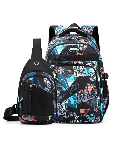 Tanou Schulrucksack Jungen Teenager Set, Große Lässiger Schultasche für Junge 5-12. Klasse, Wasserdichter Nylon Daypack Rucksack Jungen für Schule und Reisen, Grüner Fußball
