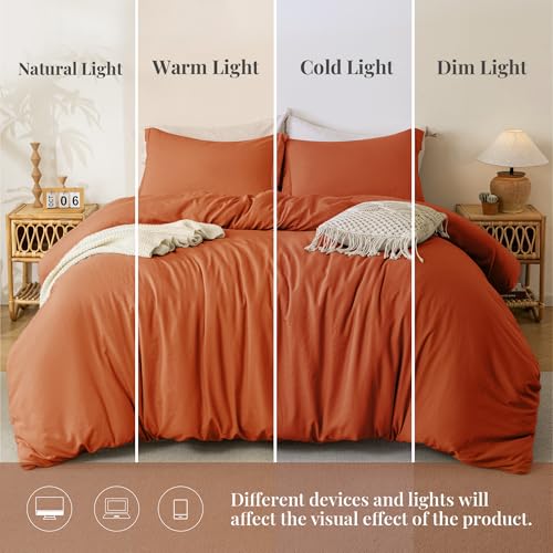 Image of MILDLY Duvet Cover Queen Ultra Soft Comforter Cover Set 3pcs, Burnt Orange | Washed Microfiber Cotton-Like, Breathable Comfort, Hidden Zipper, Corner Ties, OEKO-TEX Certified, Fade Resistant