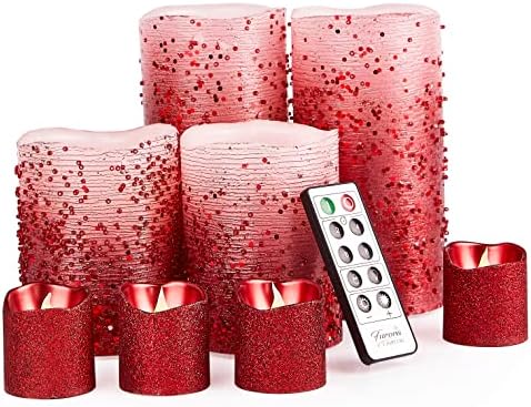 FURORA LIGHTING LED Flameless Candles with Remote – Battery-Operated Flameless Candles Bulk Set of 8 Fake Candles – Small Flameless Candles & Christmas Centerpieces for Tables, Red Glittery