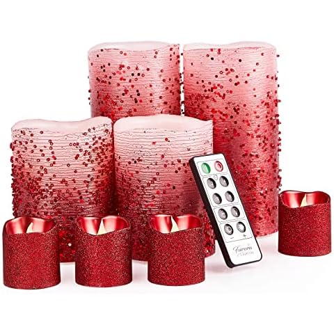 Furora LIGHTING Red Flameless Candles Battery Operated with Remote Control, Glitter Votives Candles and Pillar Candles, Living Room Decor, Christmas Flameless Candles Decorations, Table Centerpieces Cover