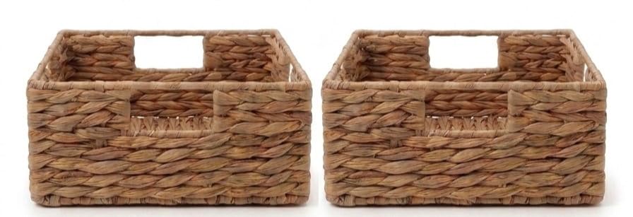 Cesta de almacenamiento de jacinto de agua natural, trenzada a mano, rectangular, elegante y ordenada para el hogar, 28 × 28 × 11 cm (2)