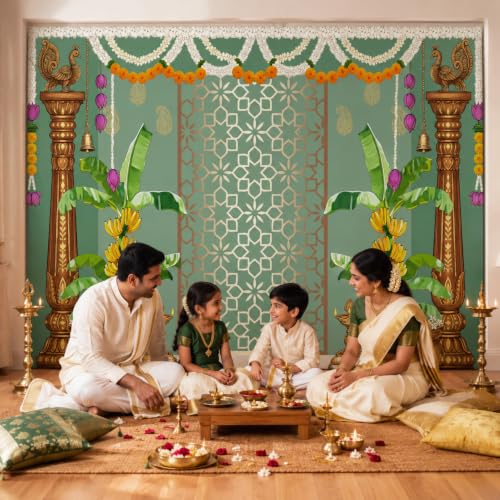Image of India Pooja Backdrop Decorations, Traditional Banana Leaf Marigold Garland Photography Background for India Wedding, Haldi, Mehendi, Diwali, Housewarming, Festival Decoration Wall Decor Props 5X3FT