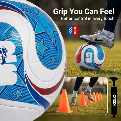 Image of Kizlo Size 5 Football - Hand-Stitched PU Leather Soccer Ball with Pump & Needle | High Grip, Durable & Air Retention | Training & Match Ball for Kids, Youth & Adults | World Cup Design Multicolor