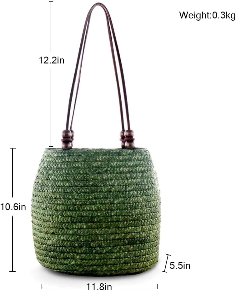 Women Retro Bucket Straw Bag Handwoven Rattan Beach Tote Shoulder Bag with Brown Bead (Green)