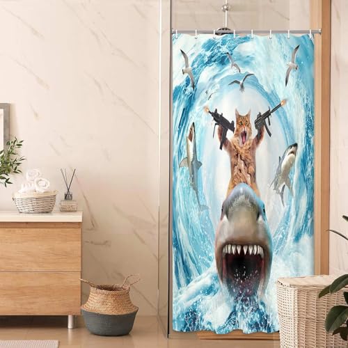 Image of Cat Shower Curtains for Bathroom, Funny Brown Cat Riding Shark Blue Ocean Theme Shower Curtain Set for Men Boys, Cute Cute Cool Blue Bath Curtain Sets with Hooks for Kids Room Decor