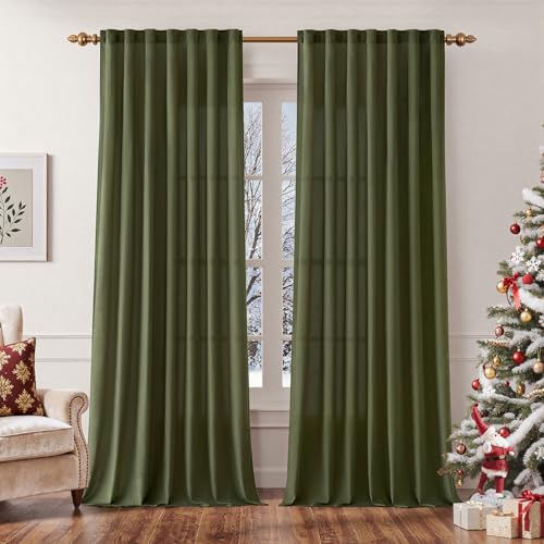 EMEMA Olive Green Privacy Sheer Curtains (2 Panels)