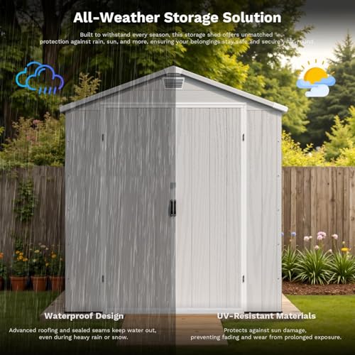 Image of Patiowell 6X6 FT Outdoor Storage Shed with Lockable Door and Floor, Resin Garden Tool Shed with Window, Waterproof Easy Assembly for Backyard, Lawn, Patio Furniture Storage (Light Grey)