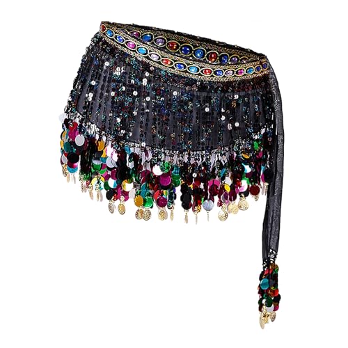 OhMill Damen Hüfttuch Sexy Bauchtanz Schal Pailletten Tanzgürtel mit Münzen Glitzer Aufführungen Kostüm Quasten Bauchtanzgürtel Für Latein...