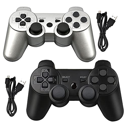Tidoom PS3 Controller Wireless Playstation 3 Controller Bluetooth Joystick Gamepad Compatible for PS3 Remote Controller with Cables Silver and Black 2 Pack