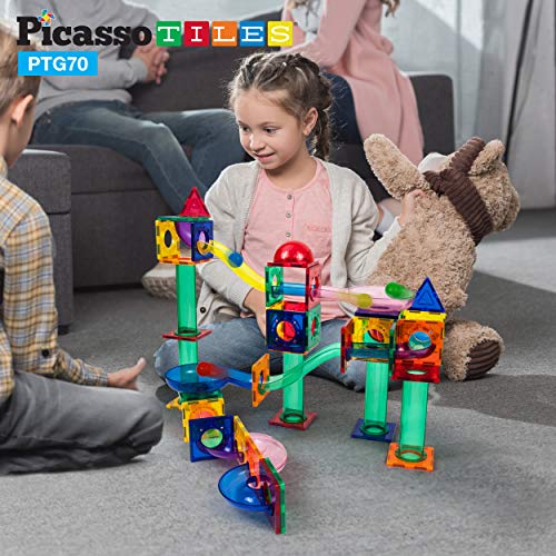 Picassotiles 70 Piece Marble Run Race Track Magnetic Tiles Magnet Building Block Educational Construction Toy Set Playset Stem Learning Kit Child Brain Development Handeye Coordination Training Ptg70 #TOP1