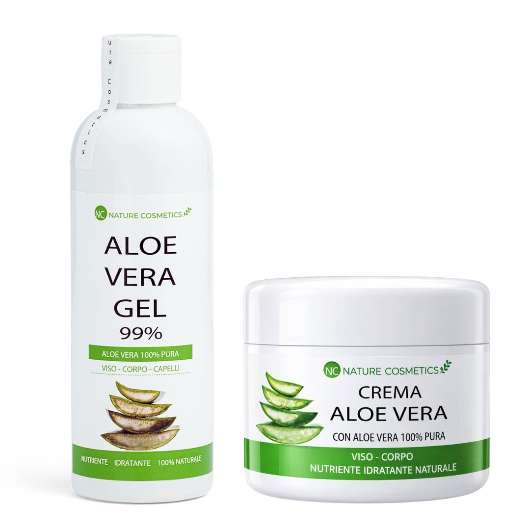 Kit 2 Prodotti Aloe Vera: Gel Puro 99% + Crema Viso Corpo con Burro di Karité e Olio di Argan – Idratante, Nutriente, Lenitiva – Pelle Secca e Sensibile - Uso Quotidiano - Made in Italy