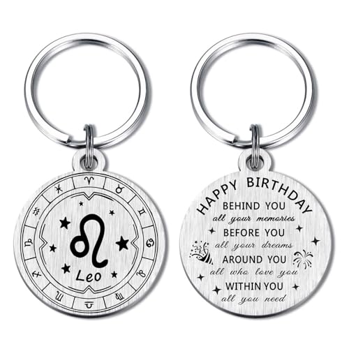 Alotozo LEO Zodiac Birthday Keychain - Bold Lion Horoscope Birthday Gifts for Women & Men - Engraved August July Birthday Present (July 23 - August 22)