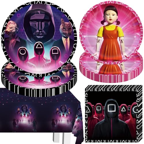 41pcs Game Birthday Party Decorations,Pink and Black Party Tableware Set Include Paper Plates with 2 Size, 42.5x70.8inch Waterproof Plastic Tablecloth and Napkins for Birthday