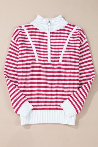 Women's Pink Stripe Zip-Up Collar Drop Shoulder Sweater - Casual and Stylish3