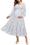 Easter Maternity Dress Spring Long Sleeve Baby Shower Pregnancy Photoshoot Casual White Blue Floral Flowy Midi Dresses