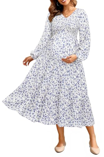 Image of Pinup Fashion Maternity Summer Dress Baby Shower Easter Pregnancy A-Line | Smocked V-neck, flutter sleeves, breathable floral fabric, bump friendly, perfect for photoshoot, spring casual,postpartum
