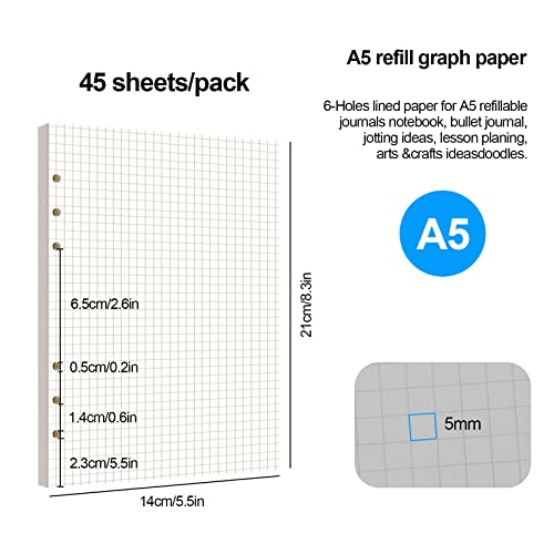 A5 Papier Karierte Nachfüllpapier Set, 6 Löcher Nachfüllbare Notizpapier Refill Paper, 135 Blätter Notebook Squared Paper Nachfülleinlagen für A5 Notizbuch Tagbuch Skizze Malerei
