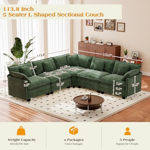 Image of 113.8 inch Modular Sectional Sofa,Cloud Couch for Living Room,Modern Deep Seat Sofa 5 Seater Chenille Fabric Comfy L Shaped Couches with Throw Pillows for Apartment