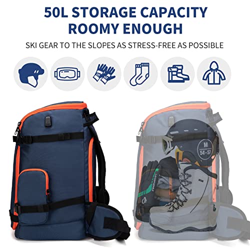 Ycd-Flocw Ski Boot Bag Backpack, 50L Large Capacity Water-Resistant Padded Ski Travel Bag & Snowboard Boot Bag For Ski Boots, Helmet, Goggles, Clothes, Gloves, Snowboard Gear (Dark Blue) #TOP2