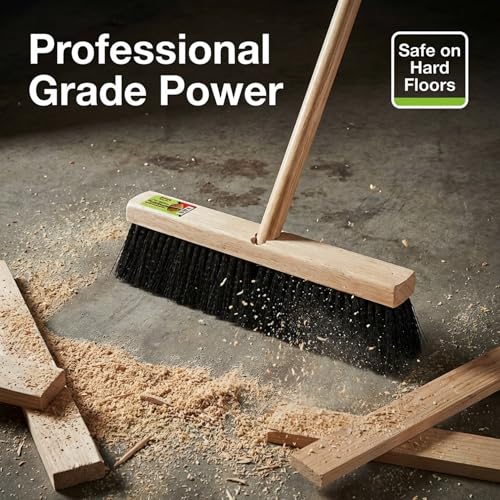 Image of Black Indoor Push Broom Head - Heavy Duty Hardwood Block - Polypropylene Bristles - Deck Scrub Brush - Two Threaded Handle Holes for Better Assist (12 inch)