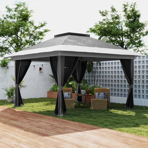 Outsunny 11.7' x 11.7' Pop Up Canopy Tent with Netting, UPF50+ Instant Party Tent Gazebo, Height Adjustable, with Wheeled Carry Bag and Sand Bags for Outdoor, Garden, Patio - Image 3