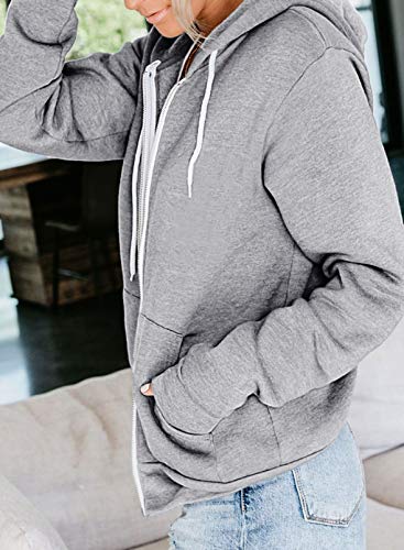 Acelitt Women Ladies Fashion Fall Long Sleeve Full Zipper Hooded Sweatshirts Hoodies Solid Gray Large #TOP2