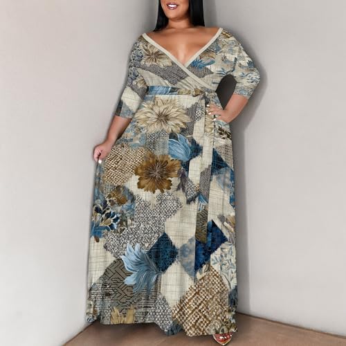 Image of SUZONANA Plus Size Maxi Dresses for Curcy Women Casual Loose 3 /4 Sleeve Long Dress with Belt