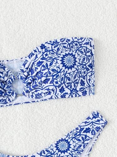 SHENHE Women's Floral Bandeau Bikini Set O Ring High Cut Strapless 2 Piece Swimsuit Blue and White Small - Image 5