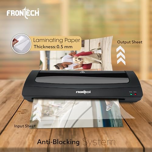 Image of FRONTECH A4 Laminator, Hot & Cold, 250mm /min, Bubble-Free, Portable for Office, School & Home, Supports 80 /125 Mic Pouches (LAM-0004 Black)