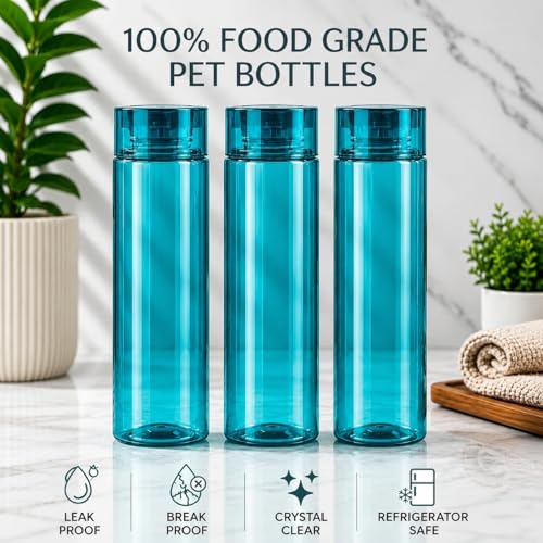 Image of H2O 1 Litre Each Water Bottle Set of 3 - Crystal Clear, BPA-Free, Breakproof & Leakproof | Fridge Safe Transparent PET Bottles | Made in India | Ideal for School, Office, Kitchen & Travel (Blue)