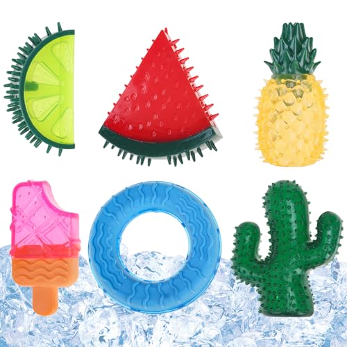 VKPETFR Cooling Chew Toys 6 Pack Freezable Teething Toy Set for Puppies Chew Toys Squeaky Fruits & Dessert Shapes Dog Toys Frozen Dog Teethers for Small Medium Breeds Summer Interactive Treat Tools