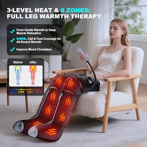 Image of Leg Compression Massager for Circulation and Pain Relief, Compression Boots with Heated Knee, 6 Modes 12 Intensities 3 Timers, Foot Calf Thigh Recovery Machine, Gifts for Man Woman, Black