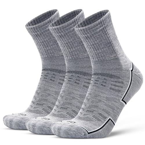 Socks Daze 3 Pack Men's Soft Merino Wool Running Socks Size 10-13 for Summer Ladies Ankel Above Thin Padded Anti-Blister Hiking Walking Cycling, Large, Light Grey