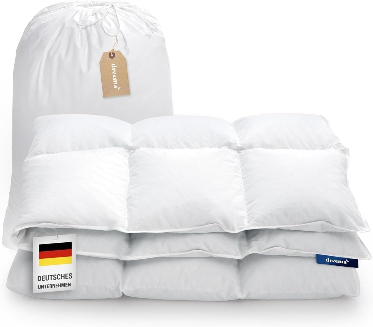 DREEMA Original Komfort Daunendecke | Extraweiche Daunenfüllung I 100% nachhaltig mit Oeko-TEX Made in Green & Nomite Zertifizierung | Allergikergeeignet | Hochwertiger Soft-Touch Baumwollbezug