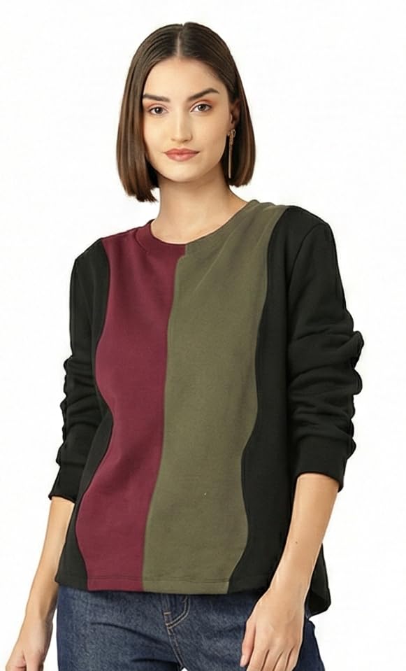 Women's Stylish Sweatshirt, Color Block Design, Long Sleeve, Multicolor-picture-32