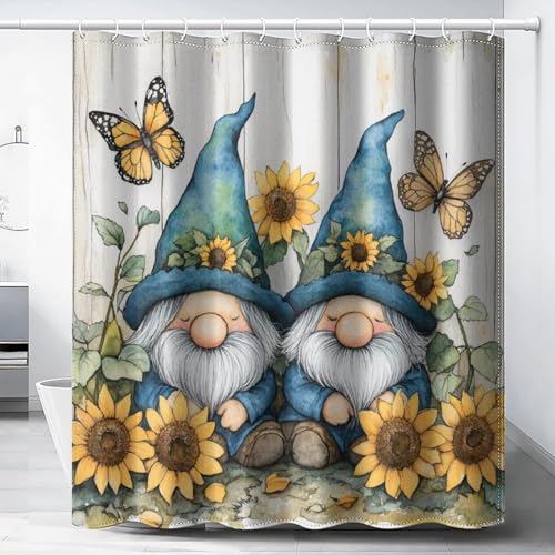DIPQIMI Farmhouse Gnomes Flower Shower Curtain Cute Butterfly Rustic Bathroom Decor Washable Shower Curtain Set with Hooks 72 Wx72 L