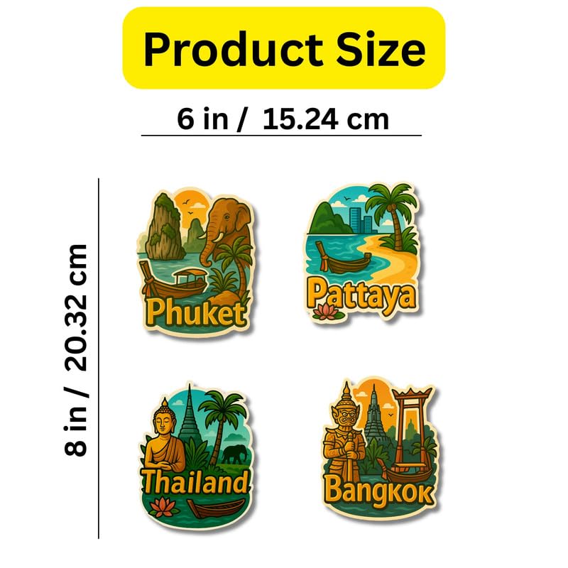 Regalo Casila Thailand Fridge Magnet Set 4 Piece Souvenir Gift for Tourists Bangkok Phuket Pattaya Fridge Magnet for Kitchen Office Travel Keepsake Home Decor 4