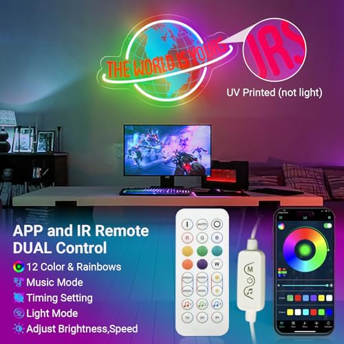 Image of The World Is Yours Neon Sign, 7 RGB Color Planet LED Neon Light Lamp for Wall Decor, Man Cave Home Bar Bistro Club Cafe Wedding Game Room Bedroom Birthday Gift Graduation Party