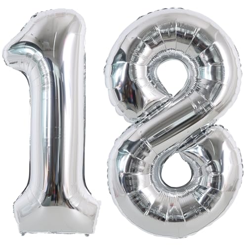 Image of TONIFUL 40 Inch Silver Number 18 Balloons Large Foil 18th Birthday Decor | Silver 18 Balloon Number Eighteen for Eighteen Birthday Party 18th Anniversary, Silver Birthday Decorations for Men Women