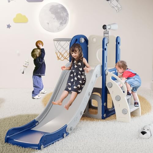 Image of Babytronic Toddler Slide, 6 in 1 Kids Indoor Slide for Toddlers 1-3, Baby Slide for Indoor Outdoor with Basketball Hoop and Telescope, L Shaped Slide for Kids Toddler Slide Playset (Blue&Gray)