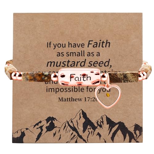 Image of Elastic Faith Bracelet for Women, Adjustable 7 inch Natural Stone Bracelet with Heart Mustard Seed Charm, Spiritual Christian Jewelry for Baptism, Graduation, Religious Celebration YA4856