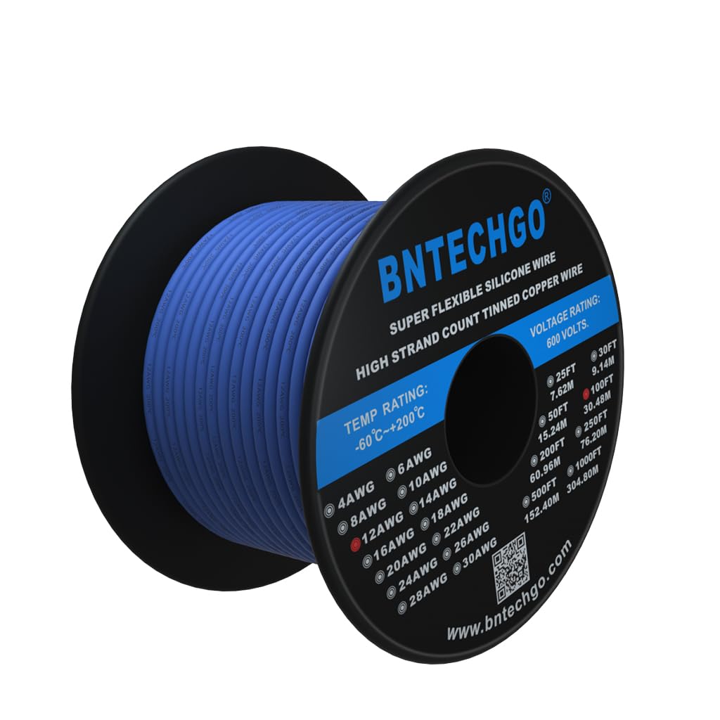 Bntechgo Calibre 12 Silicone Fil 100 Pieds Bleu Bobine souple et résistant aux températures élevées haute efficacité 12 AWG Fil de silicone 680 brins de fil de cuivre étamé