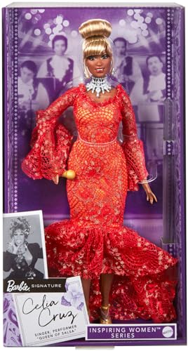 Barbie Inspiring Women Celia Cruz Puppe - rotes Meerjungfrauenkleid, goldenes Mikrofon, verzierte Verpackung, für Sammler und Kinder ab 6 Jahren, HJX31