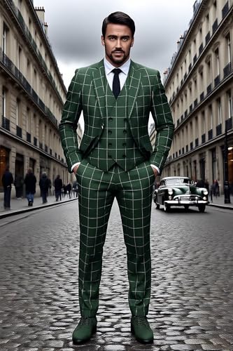 Men's 3 Piece Plaid Suits for Men Slim Fit Double Breasted Tuxedo Blazer Jacket Vest Pants Bussiness Wedding Suit4