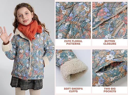 Image of SOLOCOTE Little Girls Winter Lightweight Jacket Floral Sherpa Lining Quilted Coat