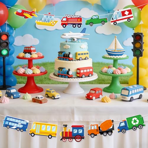 Image of Hooqict Happy Birthday Banner Transportation Birthday Decorations Car Train Truck Bus Plane Ship Traffic Party Banner Garland Sign for Kids Boys 1st 2nd 3rd Transportation Vehicle Theme Birthday Party Supplies