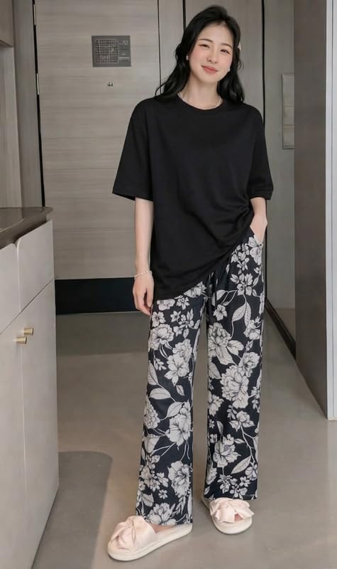 Image of KSHS Printed Round Neck Short Sleeve Nightsuit Set | Pajama Set | Casual Night Dress for Women