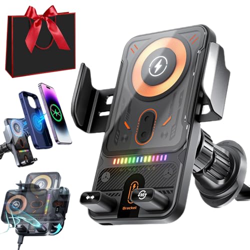 Support De Téléphone Rotatif Intelligent Et Chargeur sans Fil 2-en-1 pour Voiture, Support Telephone Voiture Induction, Fonction De Serrage Automatique, Charge Rapide 15 W, avec Éclairage RGB (Noir)