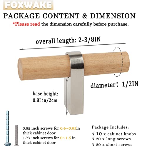 Foxwake Wooden Drawer Pulls And Knobs 10Pack Natural Wood And Metal Kitchen Cabinet Handles Unfinished T Bar Pulls For Bedroom Dresser Drawers(Single Hole 2-3/8In) #TOP1