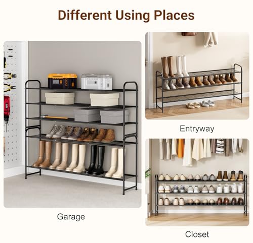 Image of KEETDY 3-Tier Long Shoe Rack for Closet Metal Shoe Organizer for Entryway, Wide Stackable Shoe Storage Shelf with Sturdy Wire Grid for Closet Floor, Bedroom, Black